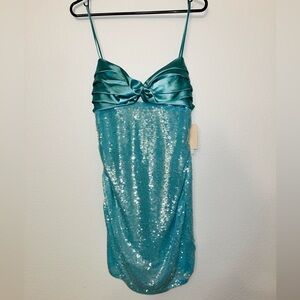 Teal Sequin Midi Dress with Satin Bodice